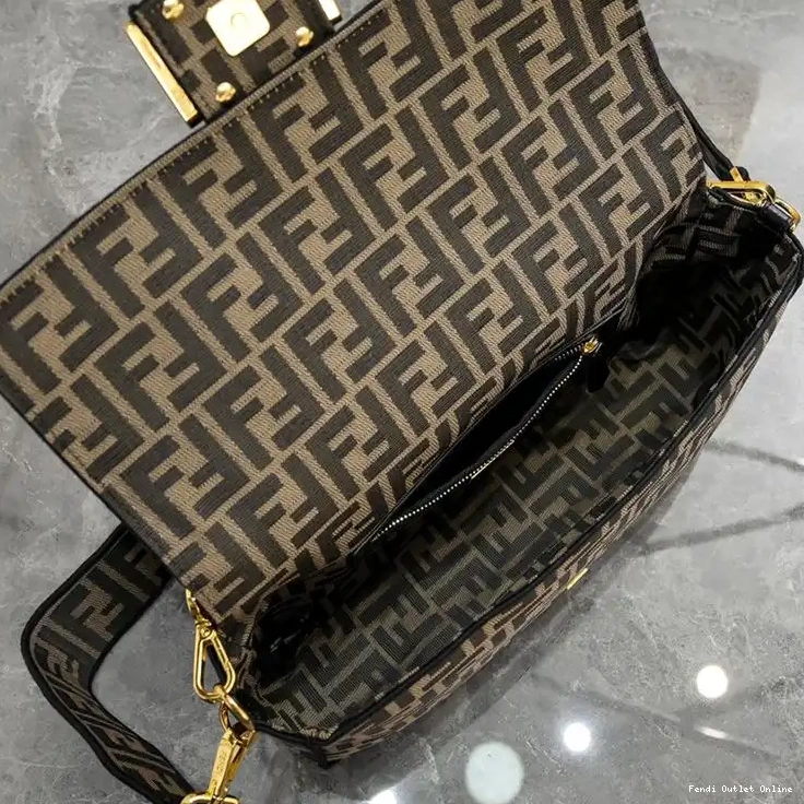 Affordable Bag FF Large Baguette In Motif Fabric Fendi Brown 0701